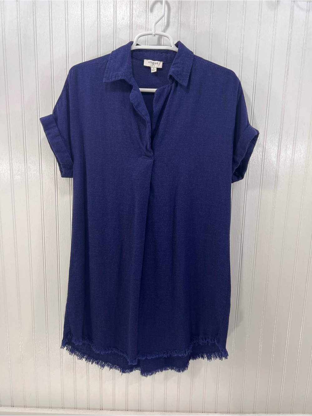 Umgee Boho Linen Blend Mini Dress Blue Fringed Hem Small
